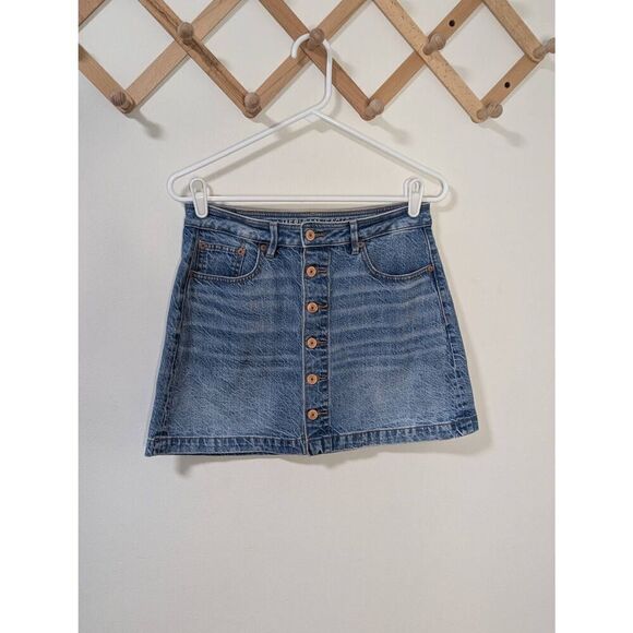 American Eagle Super High Rise A-Line Button down Denim Mini Skirt - Size 6 - Picture 1 of 7